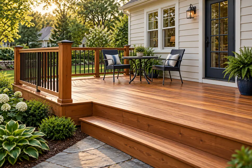 Illustrative finished wood deck with seating beside a home