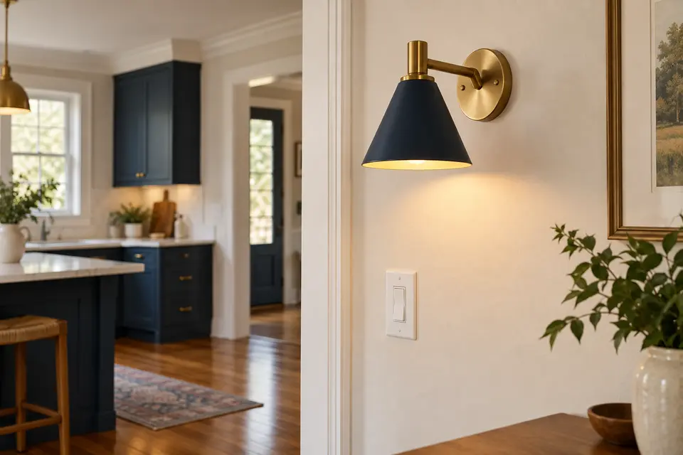 Illustrative replacement wall light fixture and switch